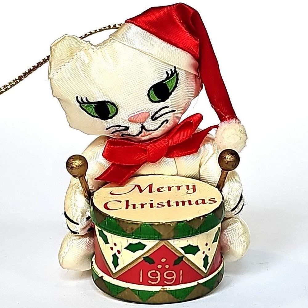 1991 Vintage Cat Christmas Ornament Satin Kitten Playing Drum Holiday Decor